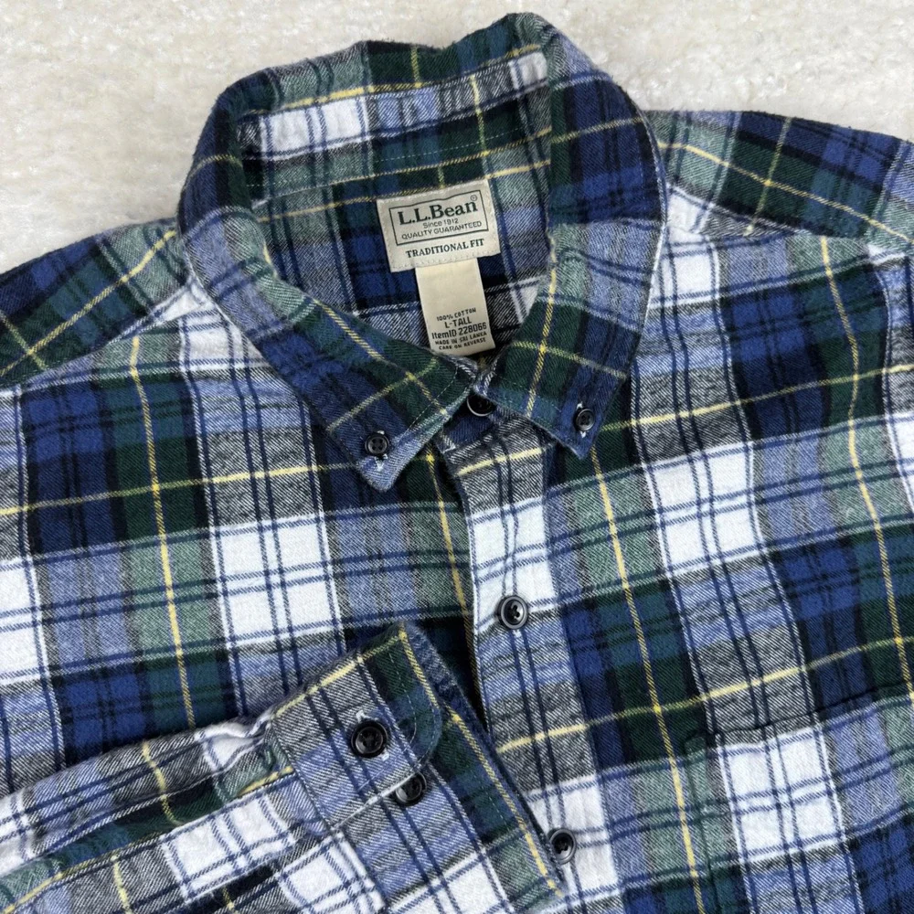 L.L. Bean Flannel Shirt Men L-Tall Blue Green Plaid Traditional Fit 228066